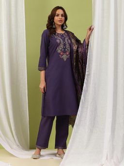 Nayam by lakshita - Women Purple Pure Cotton Solid Kurta with Palazzo and Dupatta (Set of 3)