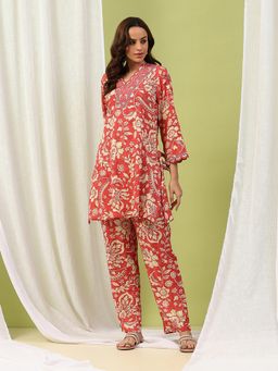 Nayam by lakshita - Women Orange Viscose Rayon Floral Kurta with Palazzo (Set of 2)