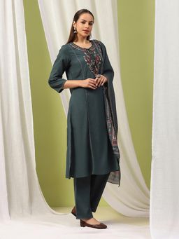 Nayam by lakshita - Women Green Cotton Blend Solid Kurta with Palazzo and Dupatta (Set of 3)