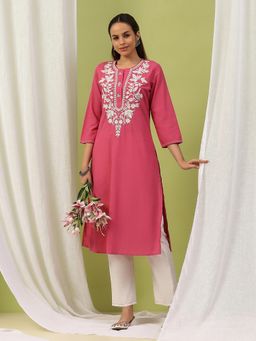 Nayam by lakshita - Women Pink Pure Cotton Solid Kurta with Palazzo and Dupatta (Set of 3)
