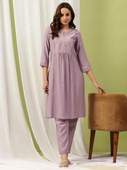 Nayam by lakshita - Women Lavender Silk Blend Solid Kurta with Palazzo (Set of 2)