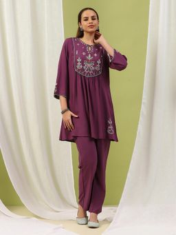 Nayam by lakshita - Women Purple Viscose Rayon Solid Kurta with Palazzo (Set of 2)