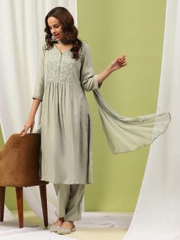 Nayam by lakshita - Women Green Silk Blend Solid Kurta with Palazzo and Dupatta (Set of 3)