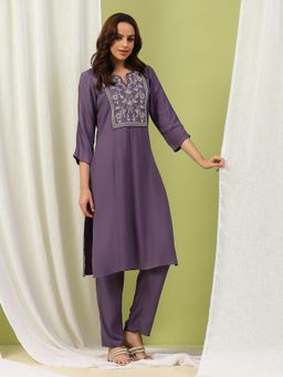 Nayam by lakshita - Women Lavender Viscose Rayon Solid Kurta with Palazzo (Set of 2)