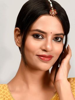 Silvermerc Designs - Gold Plated White Pearl Beaded & Red Stone Studded Borla Maang Tikka