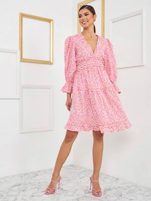 Buy Styli Multi-color Volume Sleeves Floral Knee Length Dress With ...