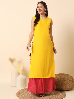 Mustard Yellow - Silk Plain Long Straight Kurta