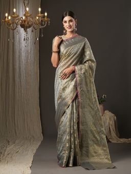 Akhilam - Womens Silk Blend Grey Woven Design Designer Saree with Unstitched Blouse