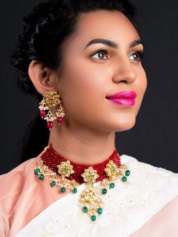 Odette - Red-Green Decorative Mani-Kundan-Pearl-Onyx Long Choker Set