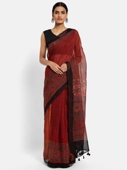 Fabindia - Red Cotton Silk Ajrakh Printed Saree without Blouse