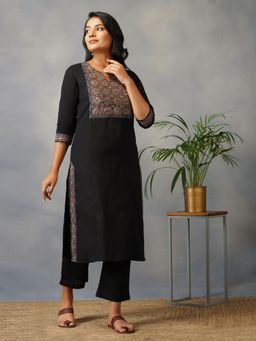 Akiso - Black Straight Kurta With Ajrak Yoke In Zari Embroidery Set With Pants (Set of 2)