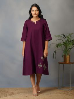 Akiso - Mulberry (purple) A Line Dress With Handblock Ajrak Patch Work