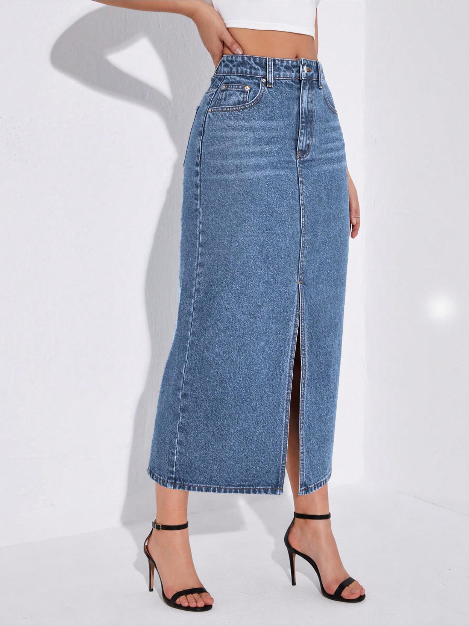 Womens Aqua Blue Long Length Denim Skirt-picture-12