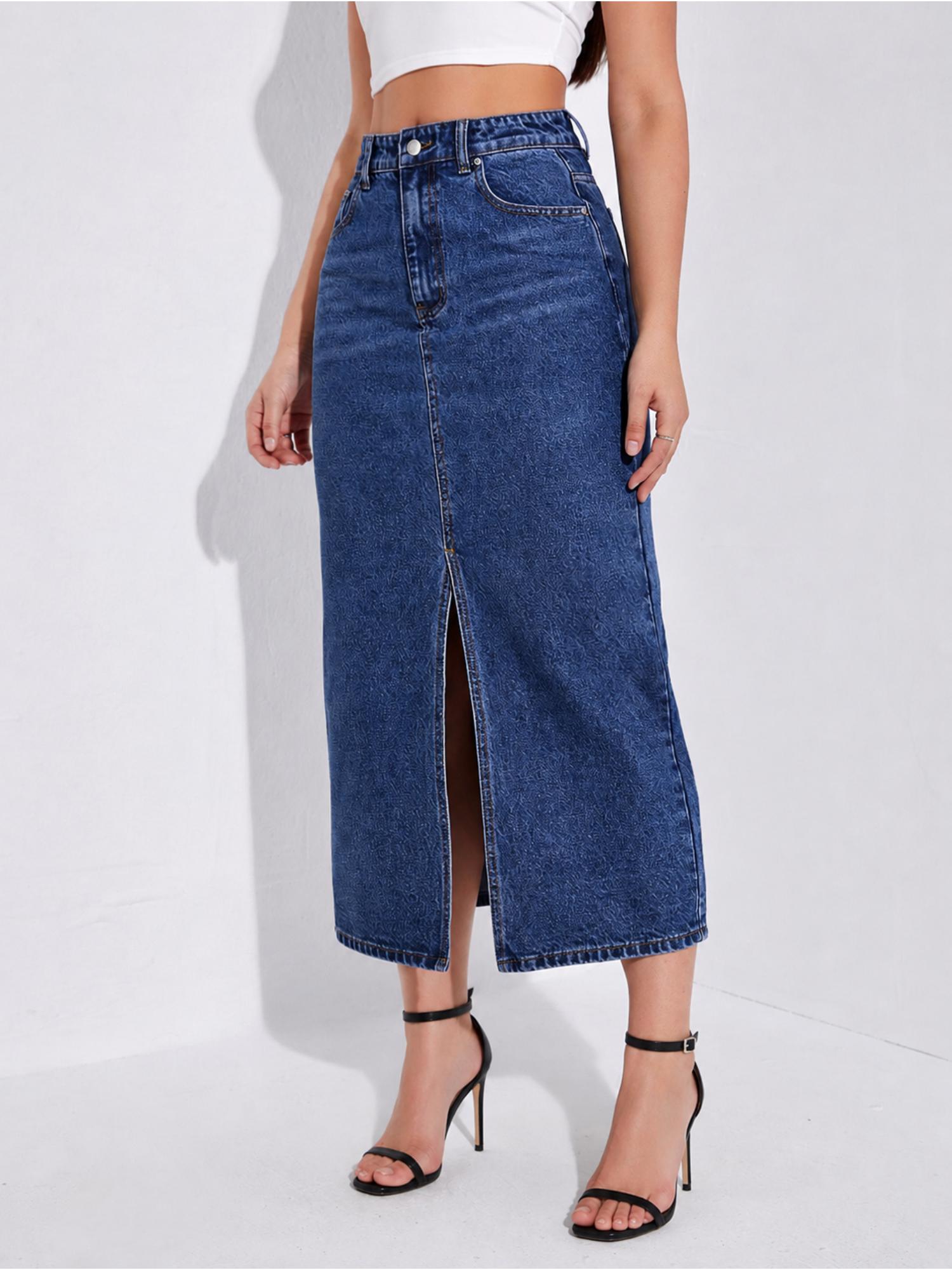 Womens Navy Blue Long Length Denim Skirt-picture-18