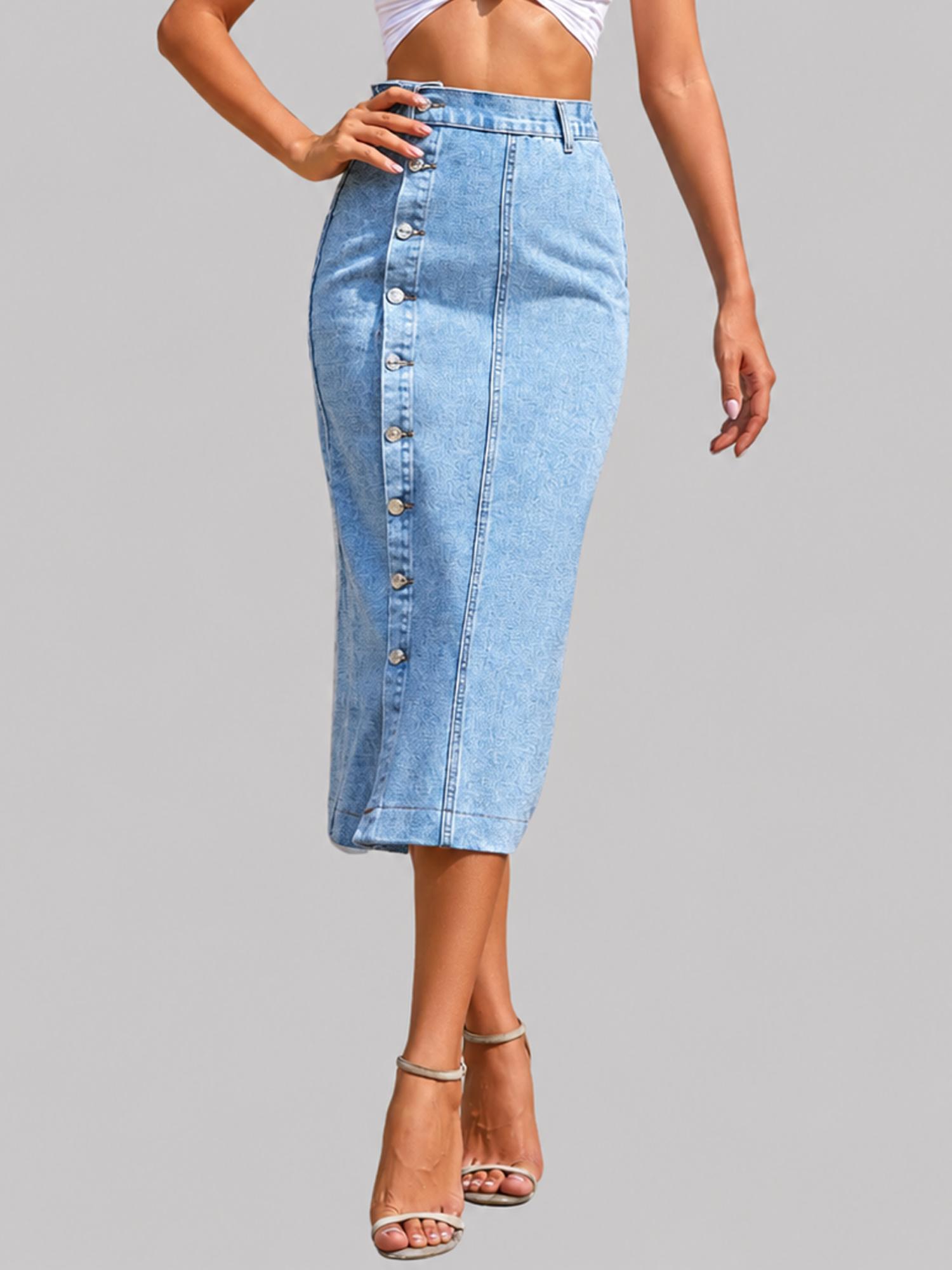Womens Aqua Button Front Long Casual Denim Skirt-picture-23