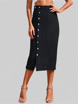 Twenty Dresses by Nykaa Fashion - Womens Black Button Front Long Casual Denim Skirt