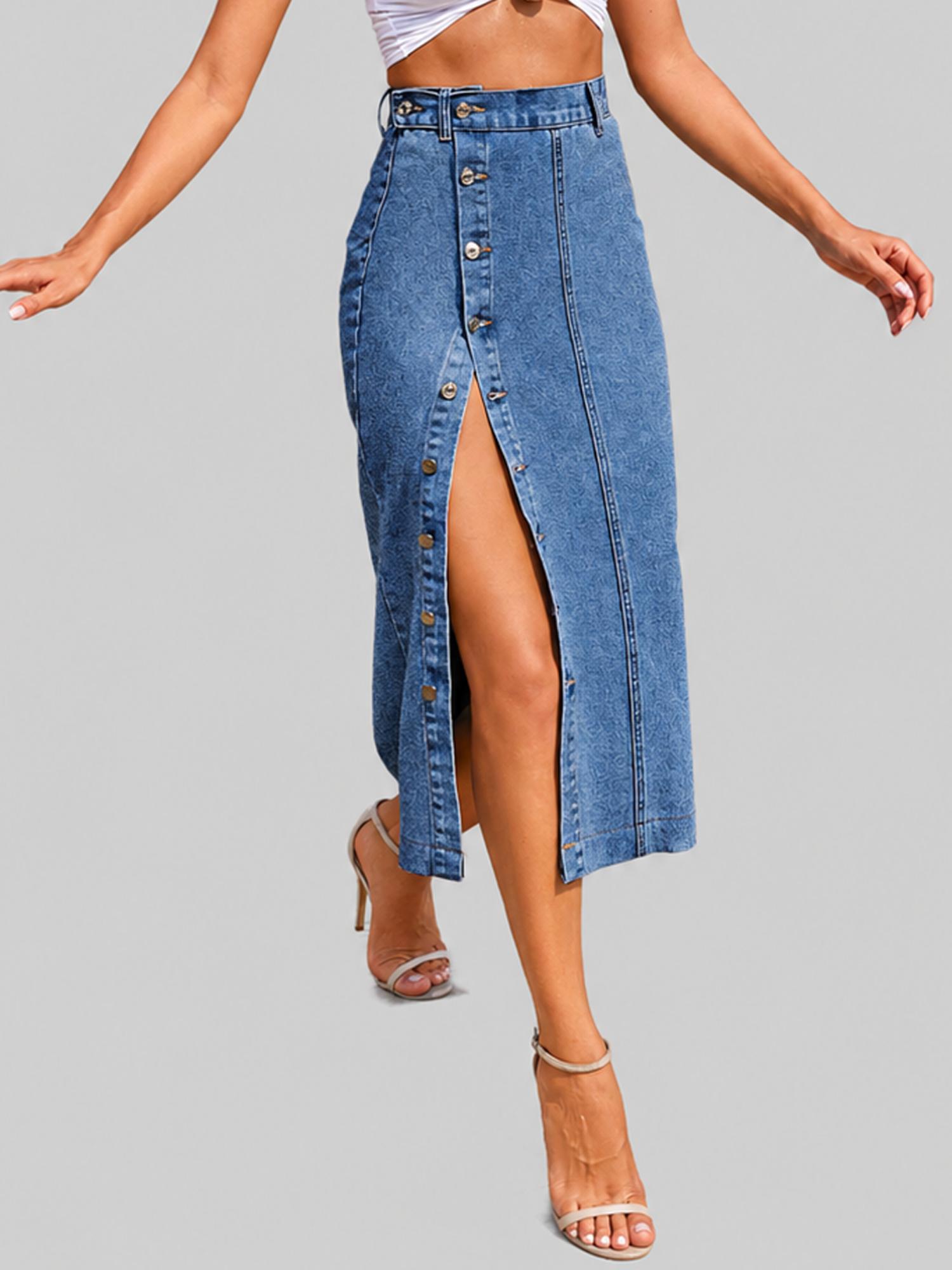 Womens Blue Button Front Long Casual Denim Skirt-picture-10