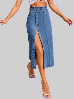 Twenty Dresses by Nykaa Fashion - Womens Blue Button Front Long Casual Denim Skirt