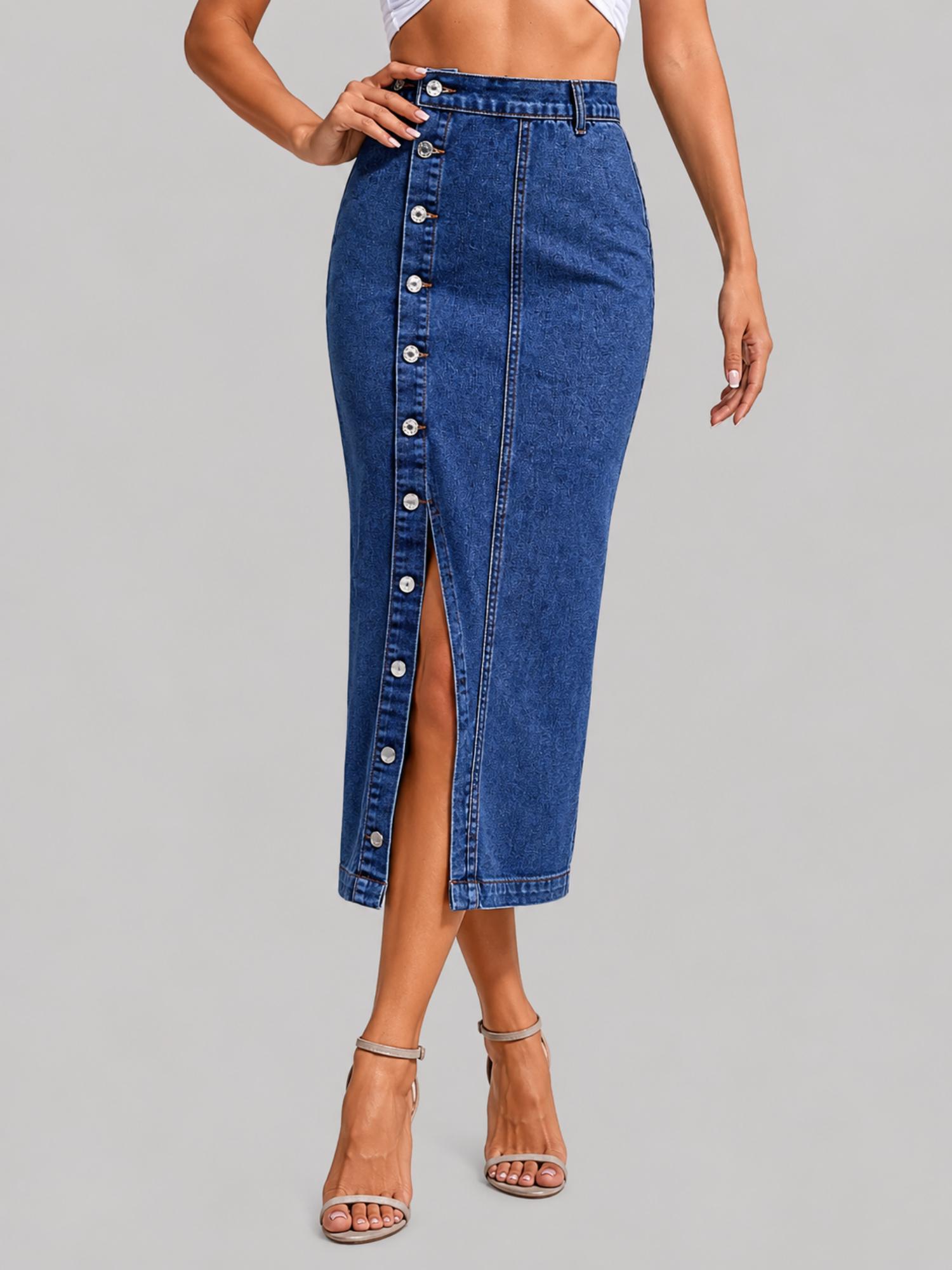 Womens Navy Blue Button Front Long Casual Denim Skirt-picture-10