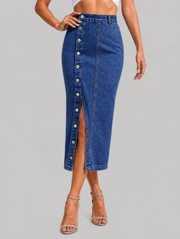 Twenty Dresses by Nykaa Fashion - Womens Navy Blue Button Front Long Casual Denim Skirt