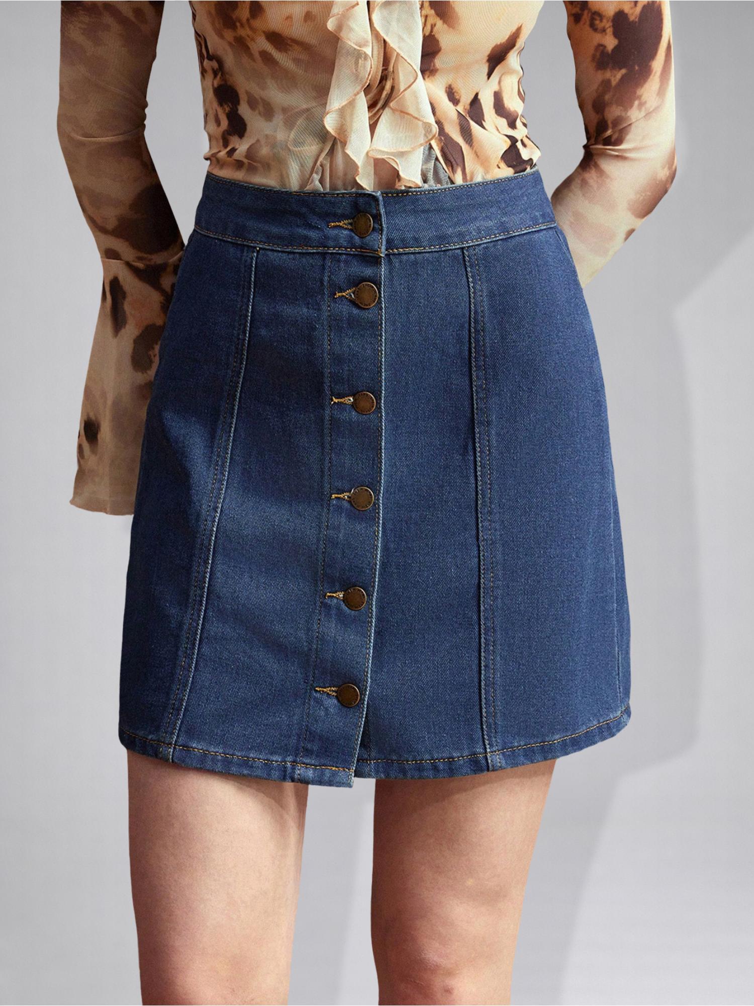Womens Navy Blue Casual Denim Skirt-picture-34