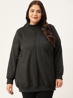 theRebelinme - Women Charcoal Grey Solid Color Turtle Neck Sweatshirt with Pleated