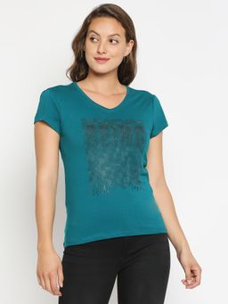 Being Human - Womens Green Embellished V-Neck T-Shirt