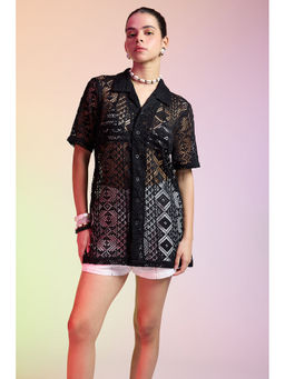 FREAKINS - Self Design Crochet Women's Black Shirt