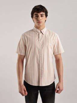 Calvin Klein - Beige Striped Regular-Fit Poplin Woven Shirt