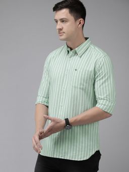 The Bear House - Men Green & White Striped Slim Fit Twill Cotton Casual Shirt