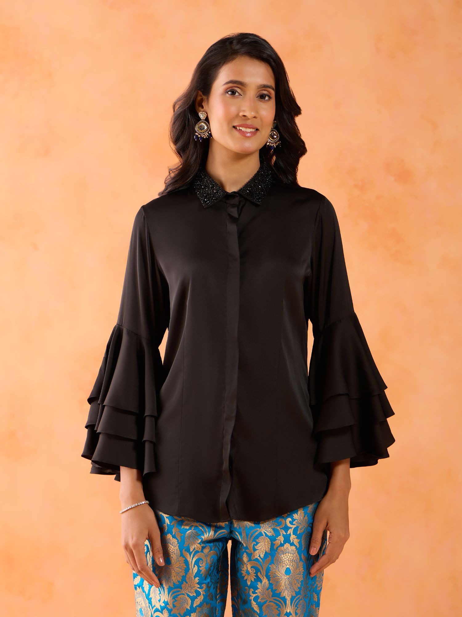 Black Ruffle Sleeves Collar embellished Shirt GGTOPN01-image-13