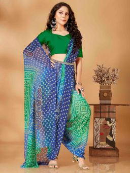 Tikhi Imli - Blue & Green Color Bandhani Printed Saree with Unstitched Blouse
