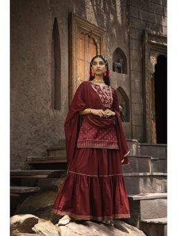Juniper - Maroon Satin Embroidered Printed Straight Kurta Skirt Dupatta For Women (Set of 3)