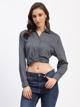 Madame - Striped Overlap Detailing Collared Blue Crop Shirt