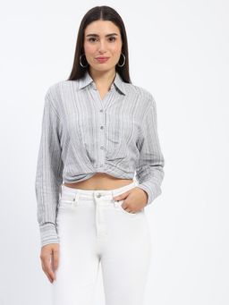 Madame - Striped Overlap Detailing White Crop Shirt
