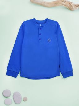 KiddoPanti - Unisex Cotton Full Sleeve Solid Blue Round Neck Rib T-shirt