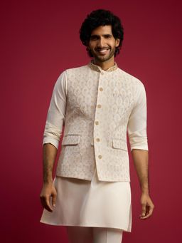 Vastramay - Mens Cream Embroidered Georgette Nehru Jacket