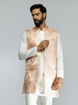 Vastramay - Mens Jacquard Weave Peach Brocade Silk Nehru Jacket