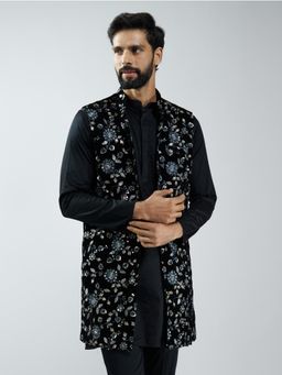 Vastramay - Mens Black Velvet Embroidered Nehru Jacket