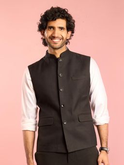 Vastramay - Mens Satin Lining Black Self Design Nehru Jacket