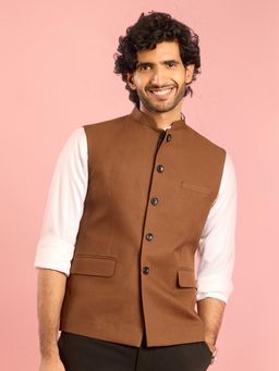 Vastramay - Mens Satin Lining Brown Self Design Nehru Jacket