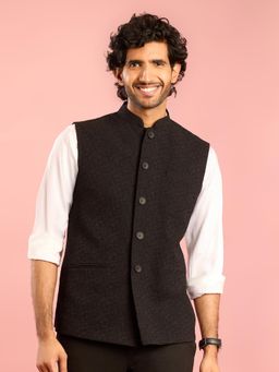 Vastramay - Mens Black Embroidered Nehru Jacket with Satin Lining