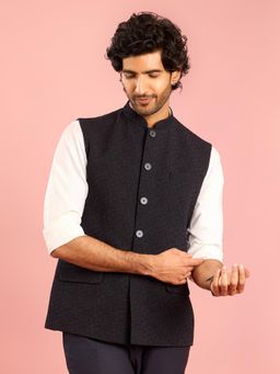 Vastramay - Mens Navy Blue Embroidered Nehru Jacket with Satin Lining