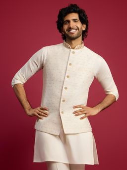Vastramay - Mens Zardozi Embroidery White Silk Blend Nehru Jacket