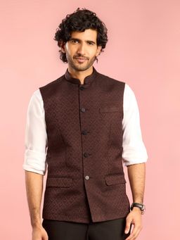 Vastramay - Mens Floral Design Chocolate Brown Jacquard Nehru Jacket