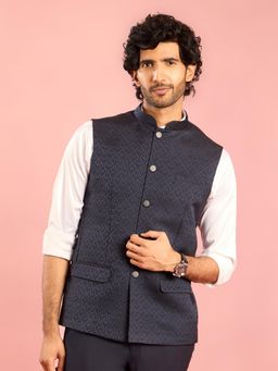 Vastramay - Mens Floral Design Chocolate Navy Blue Jacquard Nehru Jacket