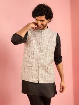 Vastramay - Mens Thread Embroidery Silver Jacquard Nehru Jacket