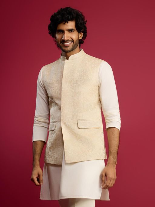 Vastramay Mens Floral Embroidery Cream Silk Blend Nehru Jacket