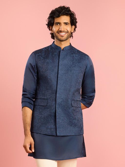 Vastramay Mens Floral Embroidery Navy Blue Silk Blend Nehru Jacket