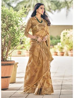 Sangam Prints - Beige Organza Woven Rich Pallu Work Traditional Tassel Saree with Unstitched Blouse